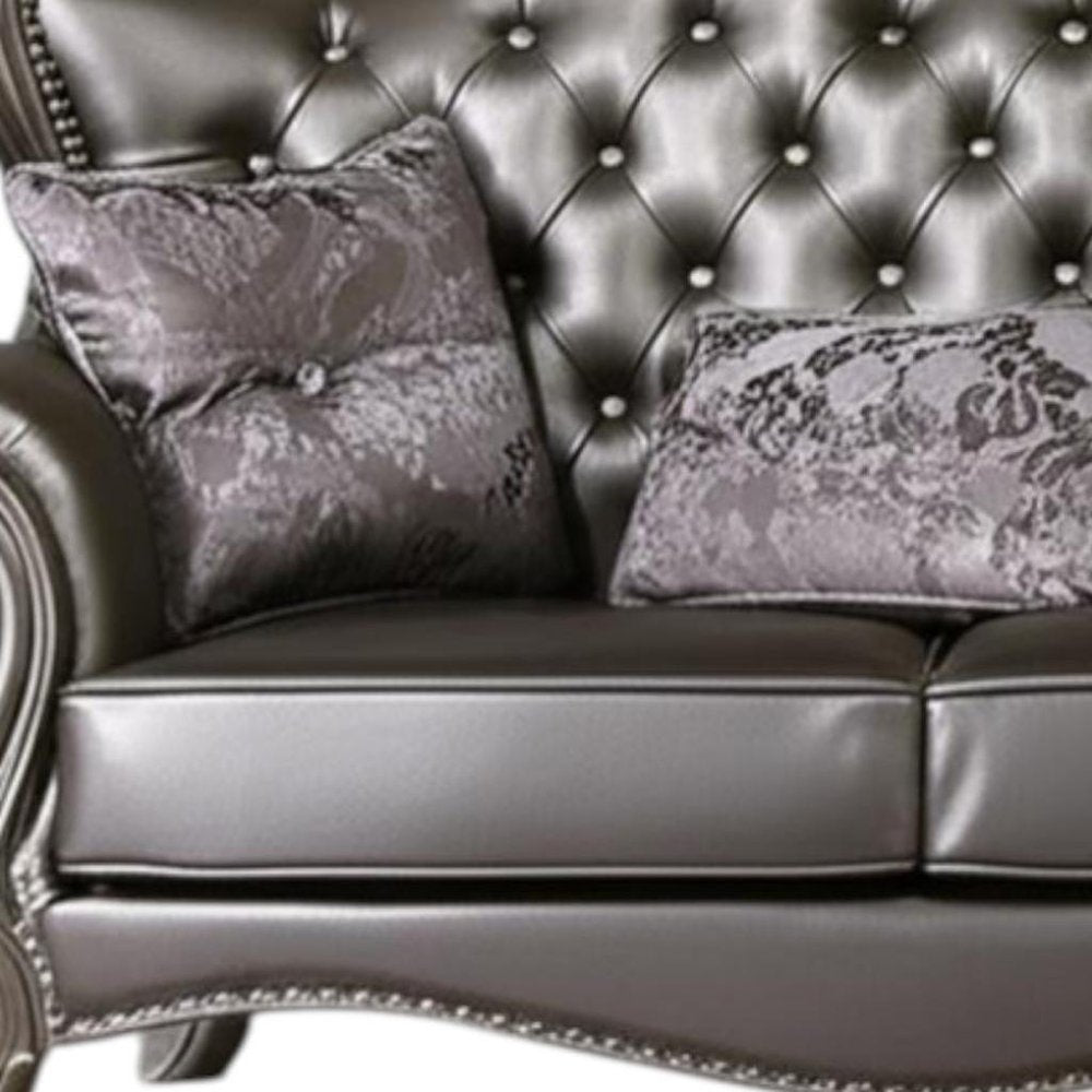 70" Silver And Platinum Faux Leather Loveseat and Toss Pillows