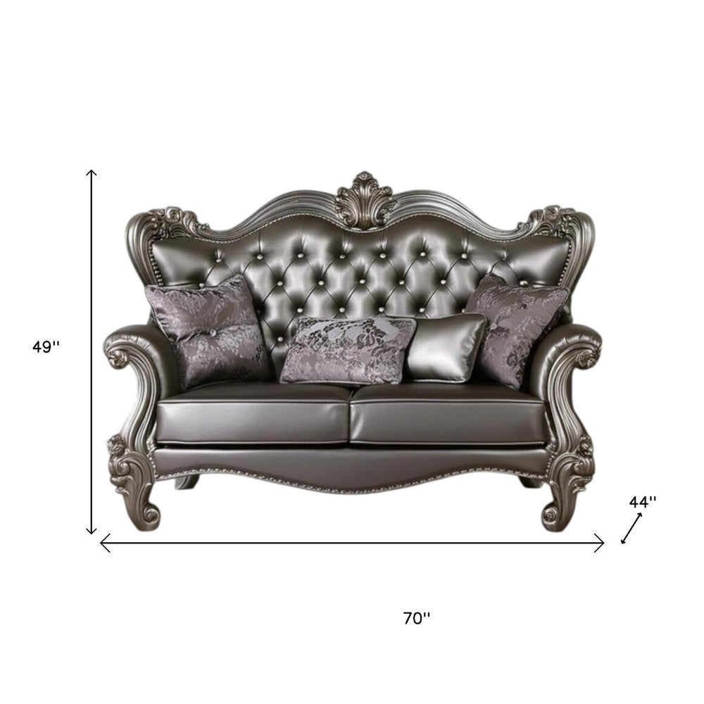 70" Silver And Platinum Faux Leather Loveseat and Toss Pillows