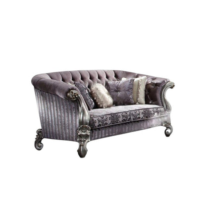 76" Purple And Platinum Velvet Loveseat and Toss Pillows