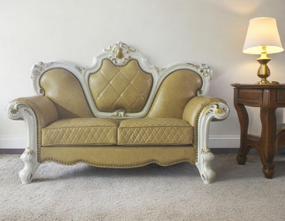 70" Golden Yellow And Pearl Faux Leather Loveseat and Toss Pillows