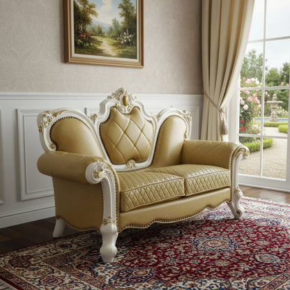 70" Golden Yellow And Pearl Faux Leather Loveseat and Toss Pillows