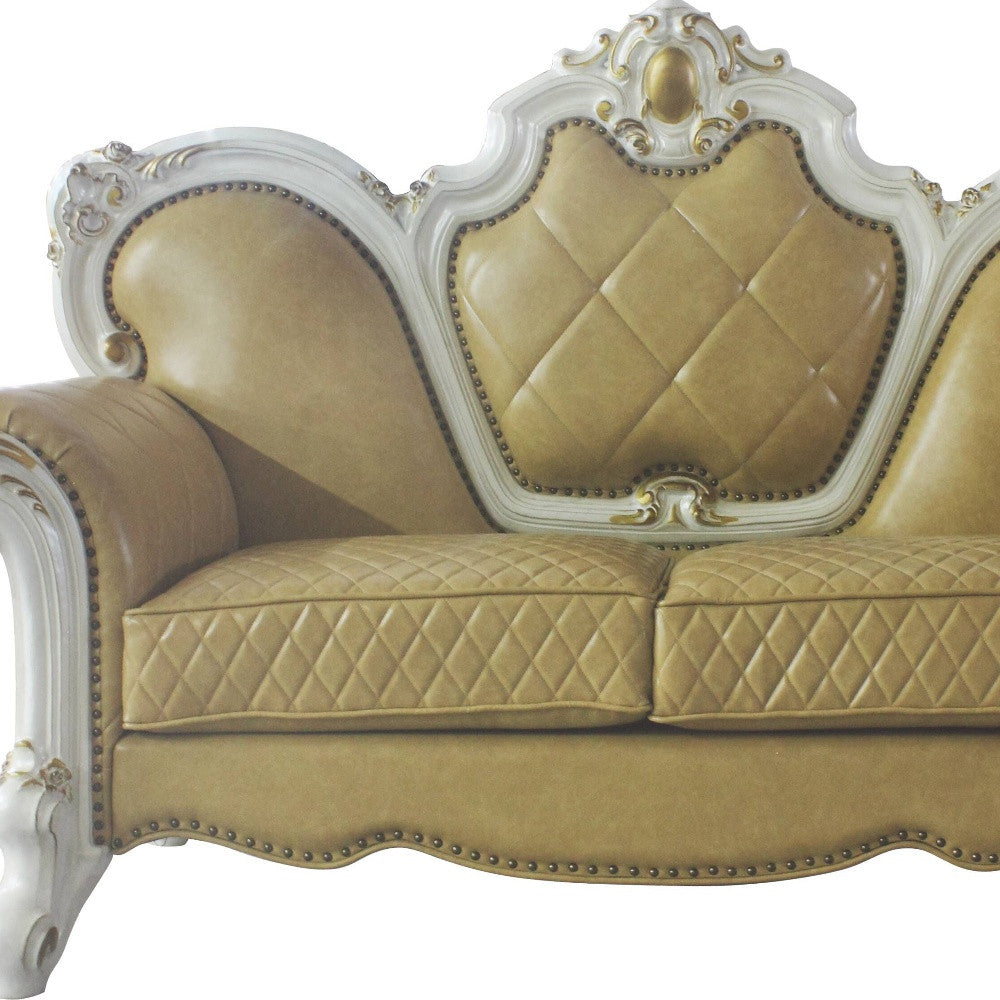 70" Golden Yellow And Pearl Faux Leather Loveseat and Toss Pillows