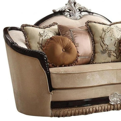 75" Tan Velvet Curved Loveseat and Toss Pillows