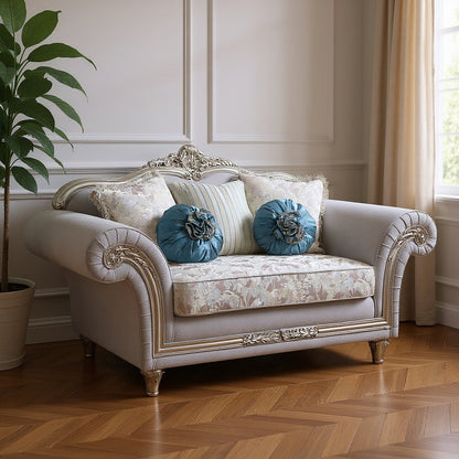 76" Light Gray And Platinum Linen Loveseat and Toss Pillows