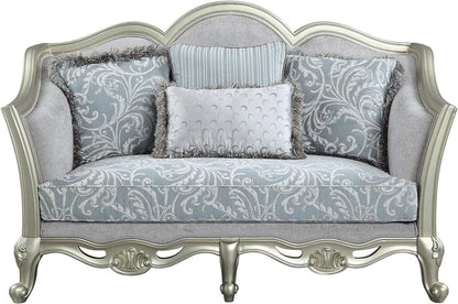 66" Light Gray And Champagne Linen Damask Loveseat and Toss Pillows