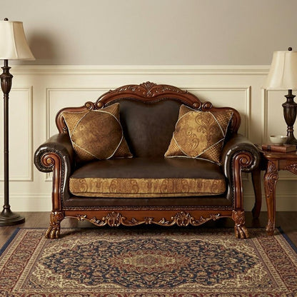 67" Brown And Redwood Faux Leather Loveseat and Toss Pillows