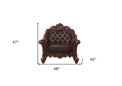 48" Dark Brown Faux Leather Tufted Chesterfield Chair And Toss Pillow