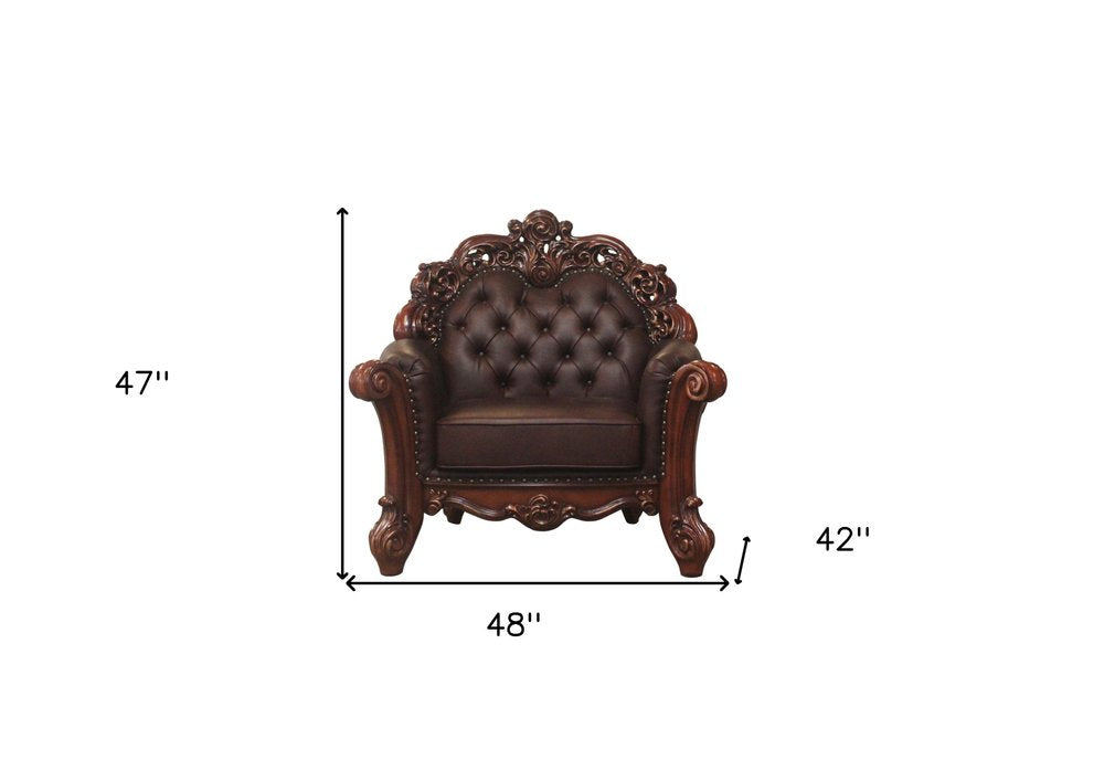 48" Dark Brown Faux Leather Tufted Chesterfield Chair And Toss Pillow