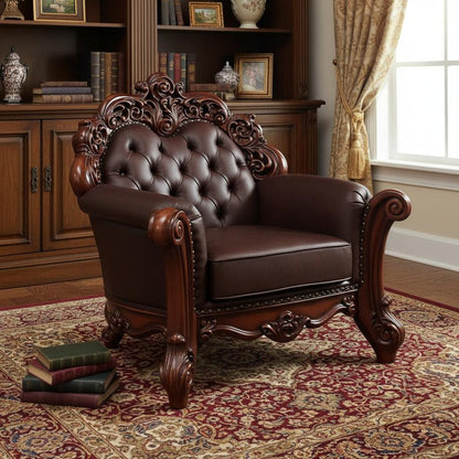 48" Dark Brown Faux Leather Tufted Chesterfield Chair And Toss Pillow