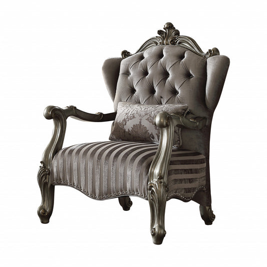 33" Gray And Platinum Velvet Striped Tufted Wingback Chair