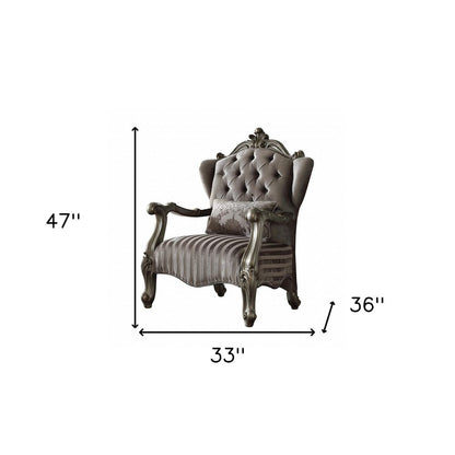 33" Gray and Platinum Velvet Striped Tufted Wingback Chair And Toss Pillow