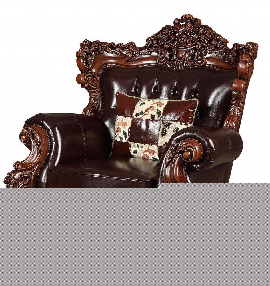 50" Espresso Faux Leather Tufted Wingback Chair And Toss Pillow