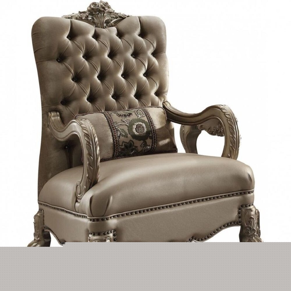 34" Bone and Gold Velvet Tufted Chesterfield Chair And Toss Pillow