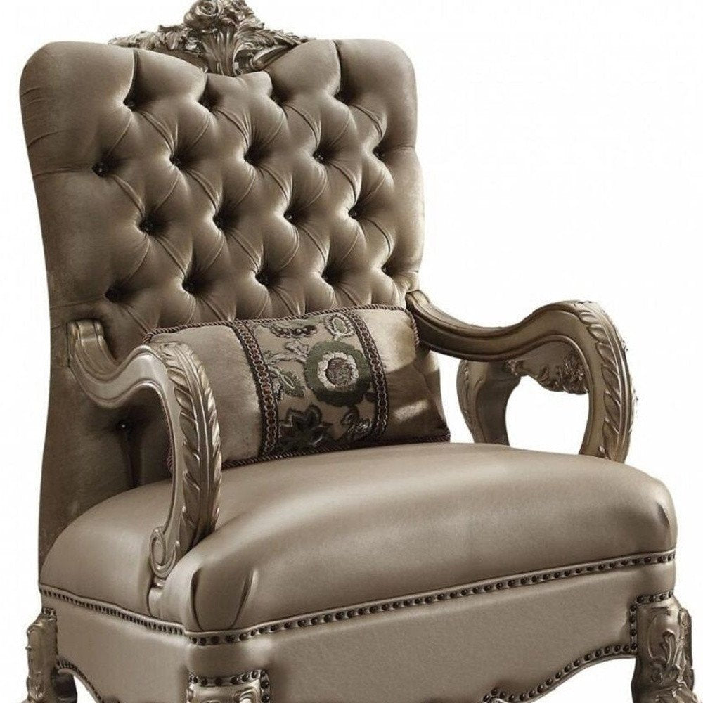 34" Bone and Gold Velvet Tufted Chesterfield Chair And Toss Pillow