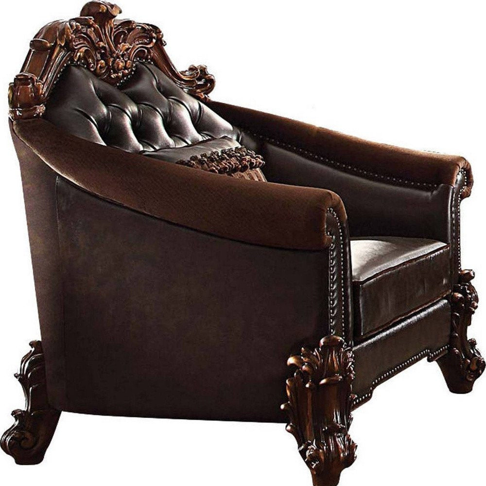 43" Dark Brown Faux Leather Tufted Chesterfield Chair And Toss Pillow