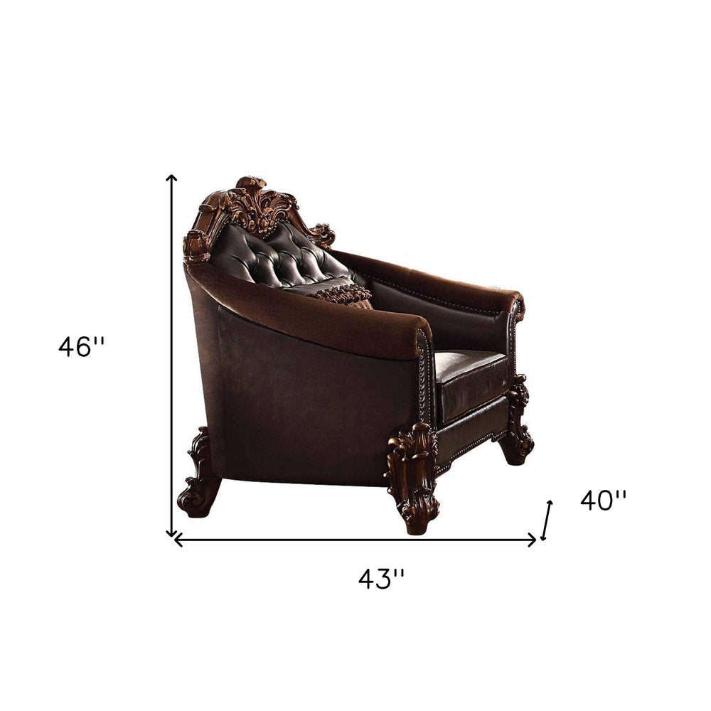 43" Dark Brown Faux Leather Tufted Chesterfield Chair And Toss Pillow