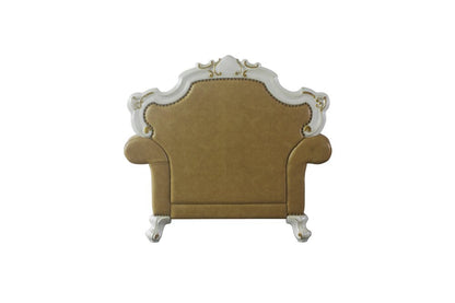 50" Beige and Pearl Faux Leather Tufted Arm Chair And Toss Pillow
