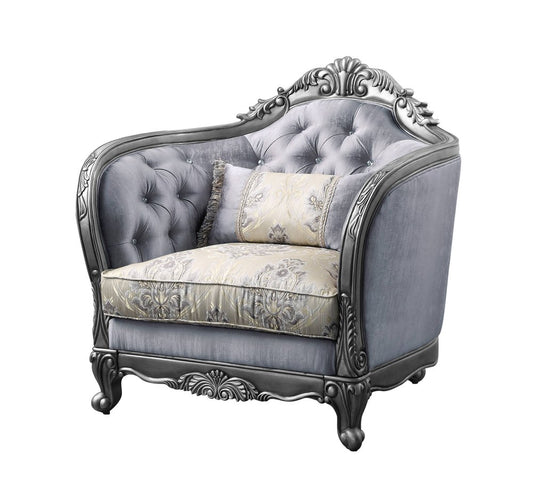 43" Light Gray and Platinum Fabric Floral Tufted Arm Chair And Toss Pillow