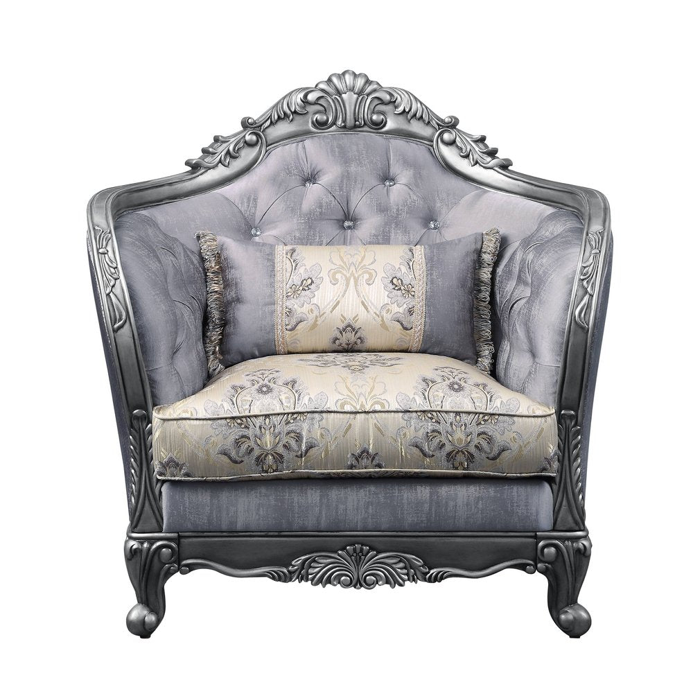 43" Light Gray and Platinum Fabric Floral Tufted Arm Chair And Toss Pillow