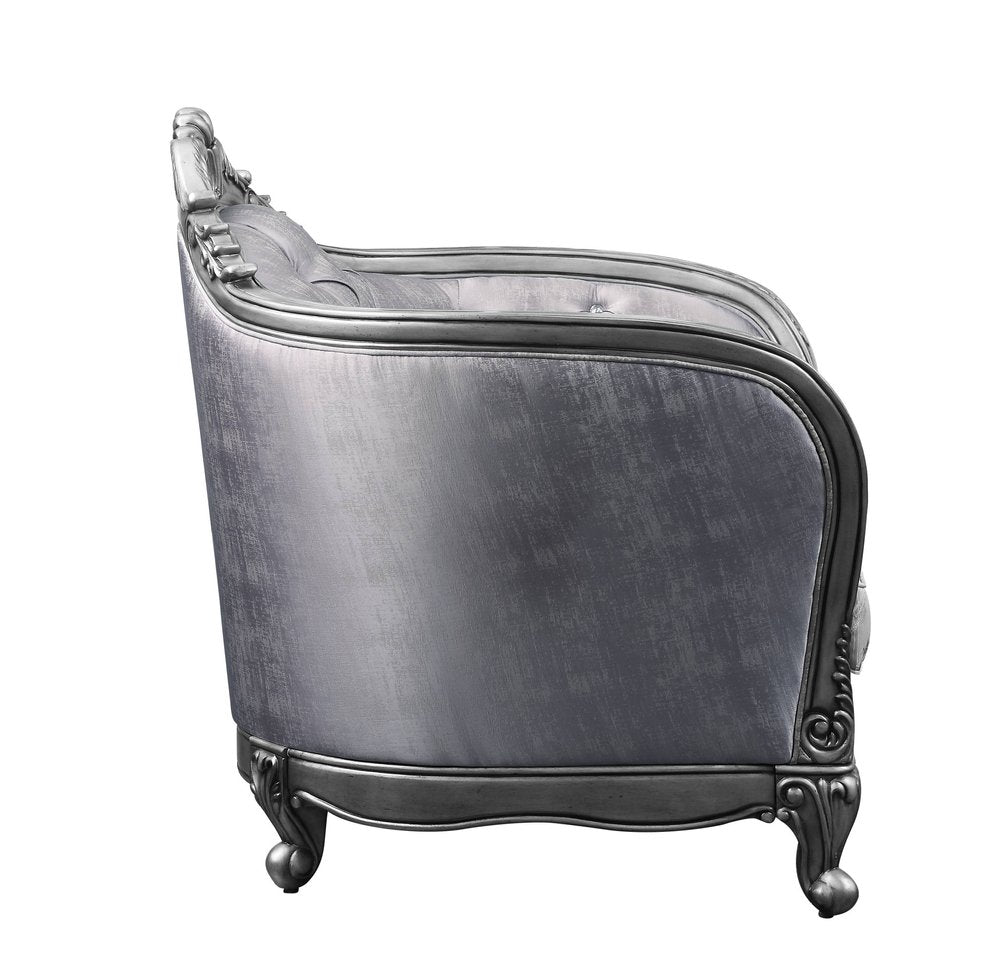 43" Light Gray and Platinum Fabric Floral Tufted Arm Chair And Toss Pillow