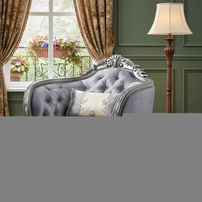 43" Light Gray and Platinum Fabric Floral Tufted Arm Chair And Toss Pillow