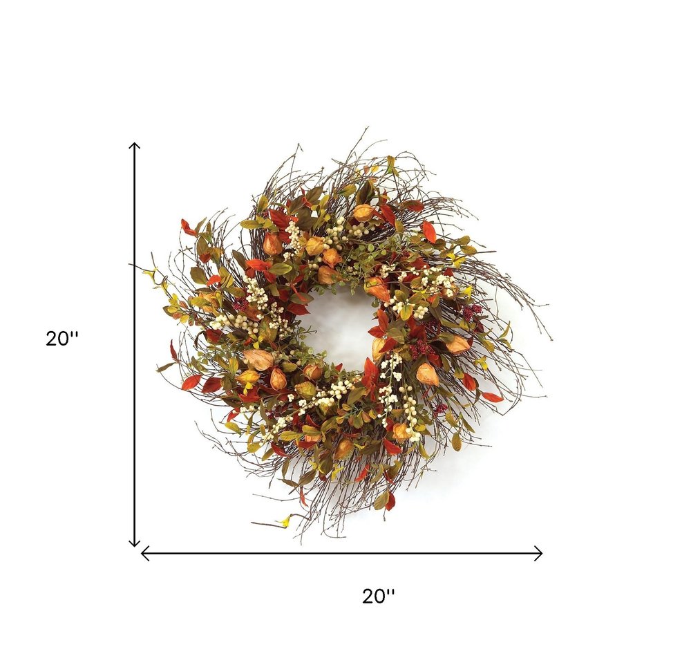 20" Green Brown  And White Fall Mixed Assortment Artificial Wreath