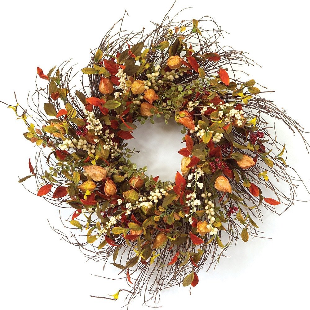 20" Green Brown  And White Fall Mixed Assortment Artificial Wreath