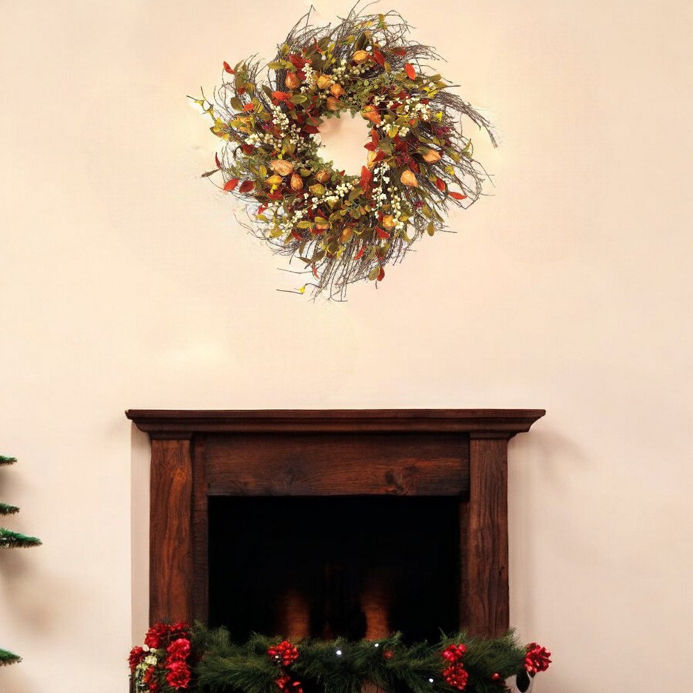 20" Green Brown  And White Fall Mixed Assortment Artificial Wreath