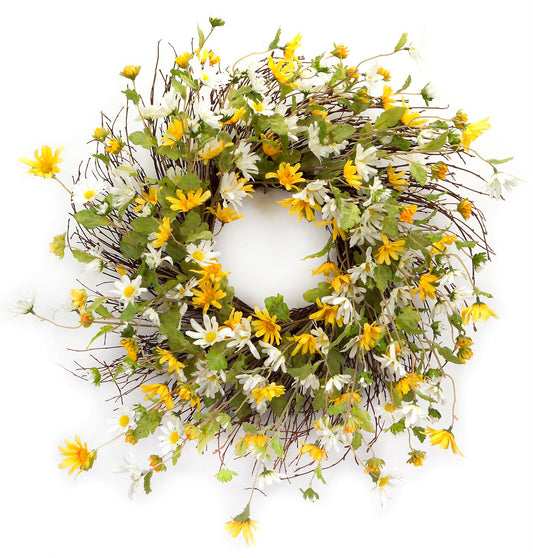 24" Yellow and White Spring Daisy Artificial Wreath