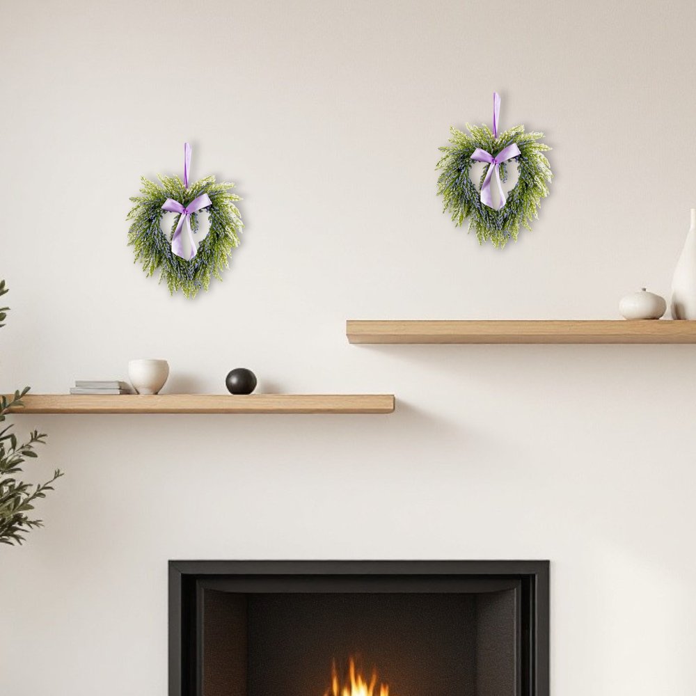 Set of Two 9" Green And Purple Heart Lavender Artificial Wreath