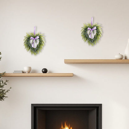 Set of Two 9" Green And Purple Heart Lavender Artificial Wreath