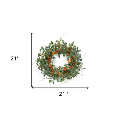 21" Green And Orange Berry Foliage And Twig Artificial Wreath