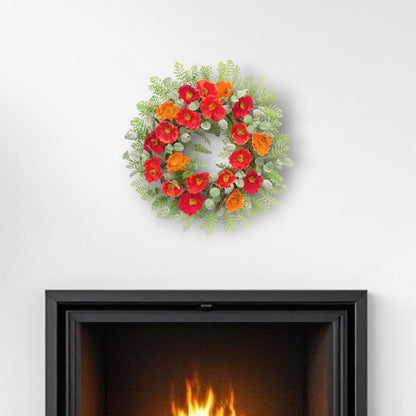 19" Green Orange And Red Fern And Poppy Artificial Wreath