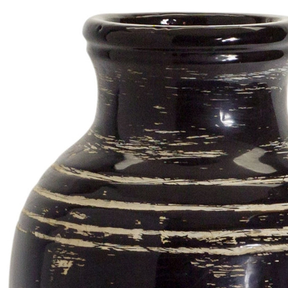 18" Black and Ivory Striped Urn Ceramic Floor Vase