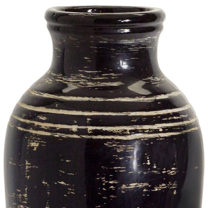 18" Black and Ivory Striped Urn Ceramic Floor Vase