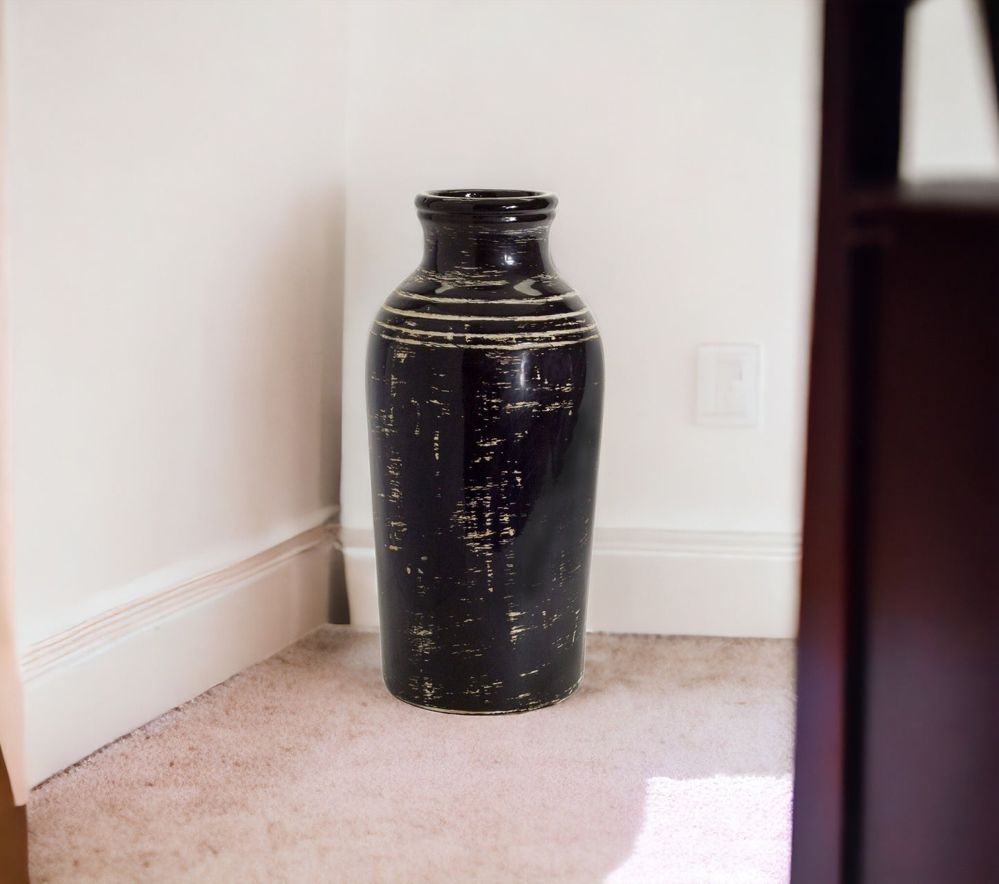 18" Black and Ivory Striped Urn Ceramic Floor Vase