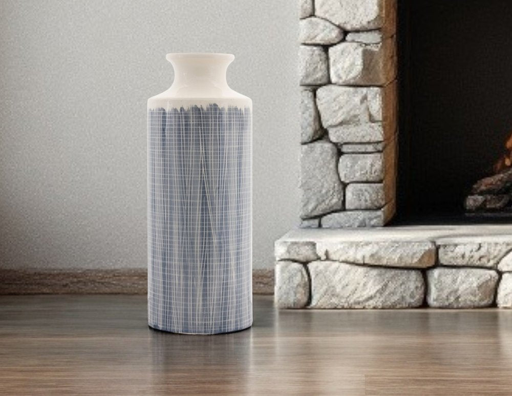19" Blue and White Geometric Cylinder Terracotta Floor Vase