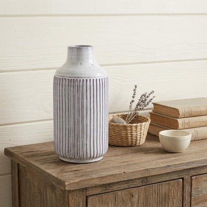 12" Gray And Brown Ribbed Terracotta Cylinder Table Vase