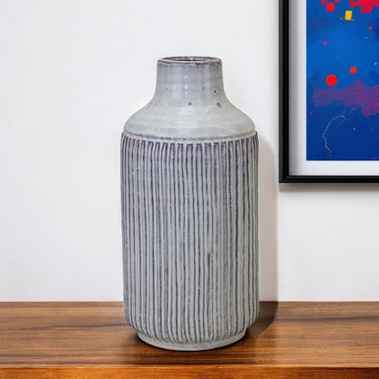12" Gray And Brown Ribbed Terracotta Cylinder Table Vase