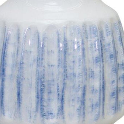 Set of Two White and Blue Ceramic Striped Round Table Vase