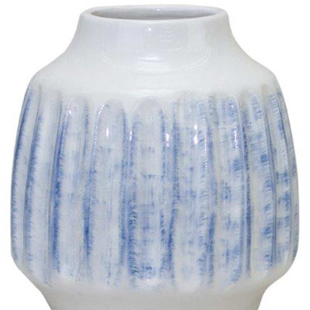 Set of Two White and Blue Ceramic Striped Round Table Vase