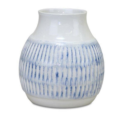 Set of Two White and Blue Ceramic Striped Round Table Vase