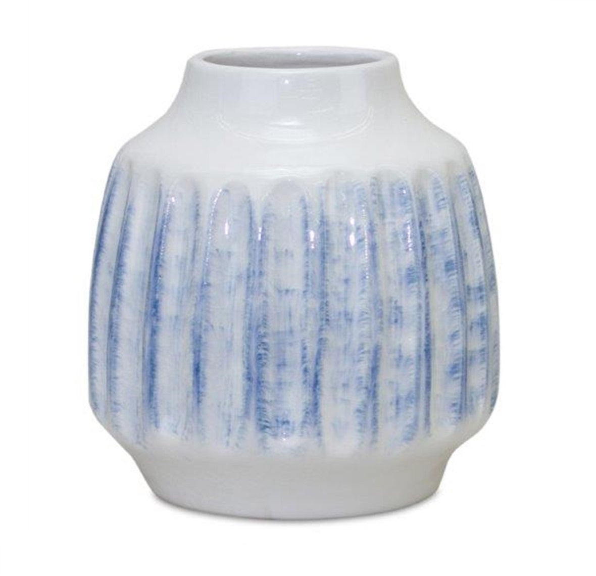 Set of Two White and Blue Ceramic Striped Round Table Vase