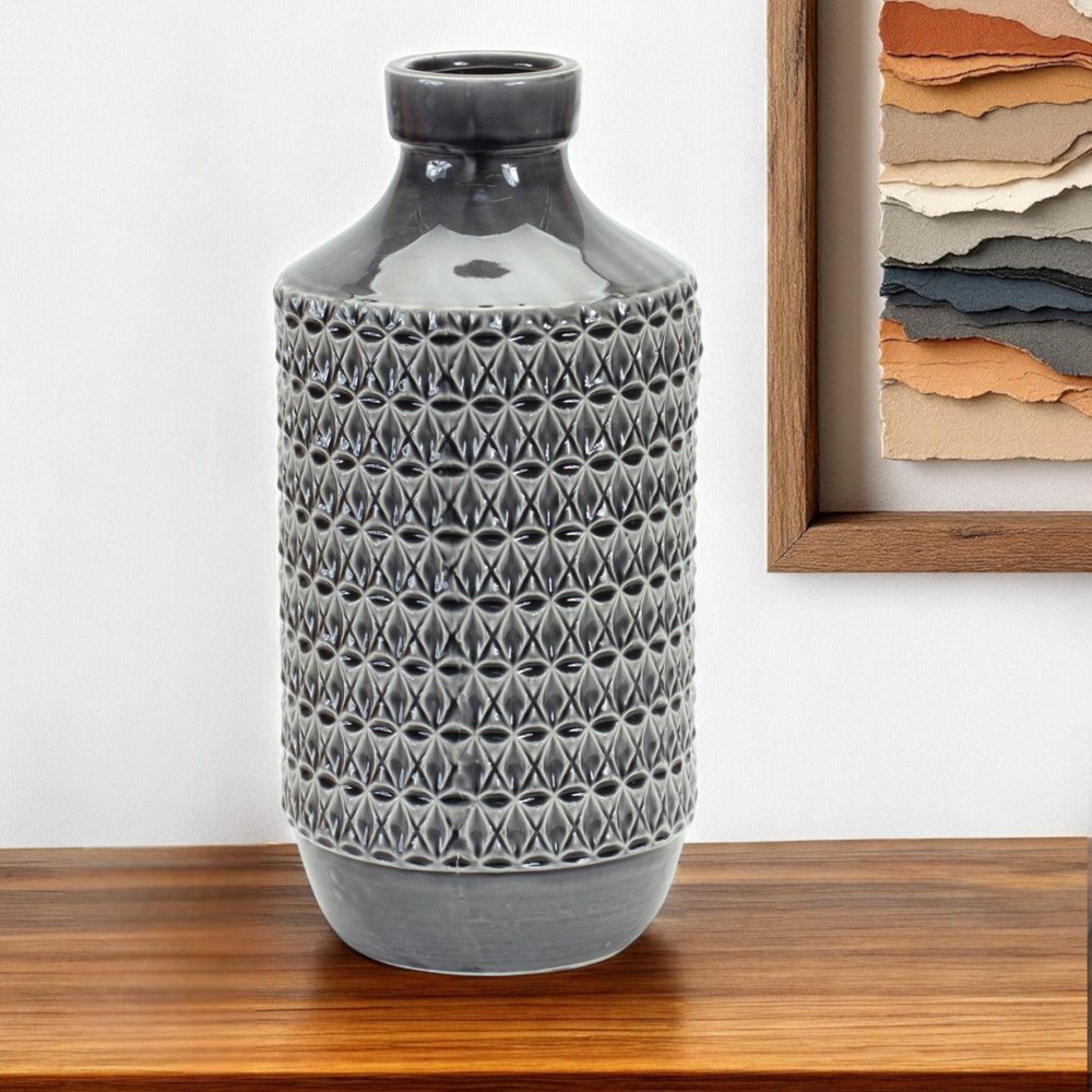 15" Gray Geometric Cylinder Terracotta Table Vase
