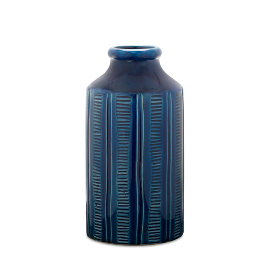 11" Blue Ribbed Round Terracotta Table Vase