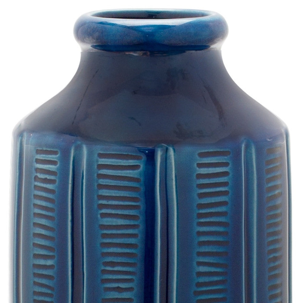 11" Blue Ribbed Round Terracotta Table Vase