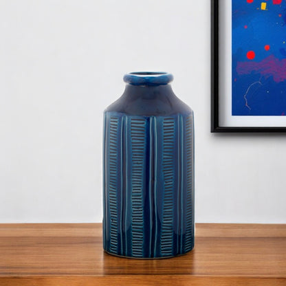 11" Blue Ribbed Round Terracotta Table Vase