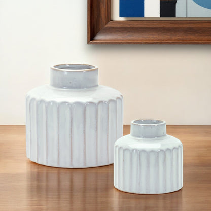 Set of Two White Ribbed Round Porcelain Table Vase