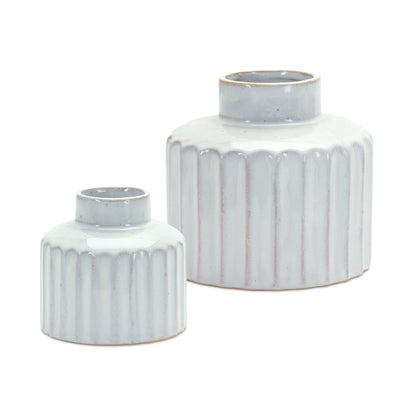 Set of Two White Ribbed Round Porcelain Table Vase