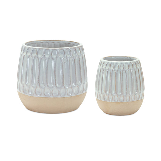 Set of Two Beige and White Ribbed Round Porcelain Table Vase